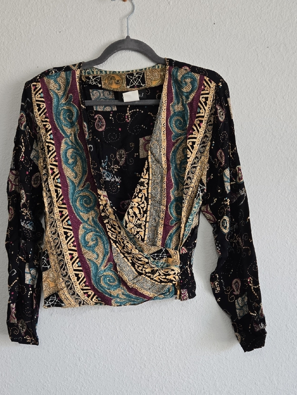 Vintage Carole Little Black Printed Wrap Blouse Size 8